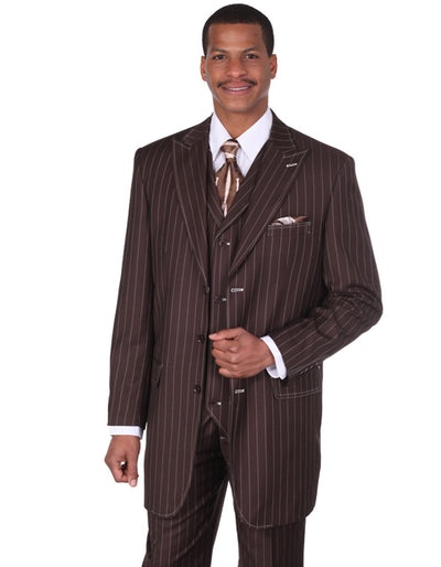 Mens 3 Button Peak Lapel Bold Pinstripe Gangster Suit in Brown 1 H3-0001  - from alligatorwarehouse.com