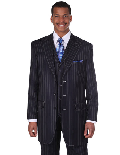 Mens 3 Button Peak Lapel Bold Pinstripe Gangster Suit in Navy Blue 1 2L-1091  - from alligatorwarehouse.com