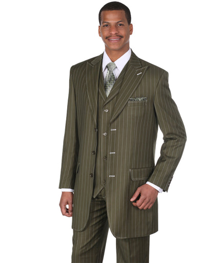 Mens 3 Button Peak Lapel Bold Pinstripe Gangster Suit in Olive 1 WB-1560  - from alligatorwarehouse.com