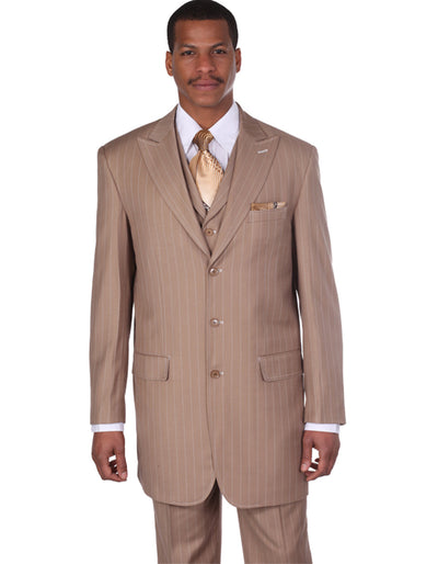 Mens 3 Button Peak Lapel Bold Pinstripe Gangster Suit in Tan 1 SU-5373  - from alligatorwarehouse.com