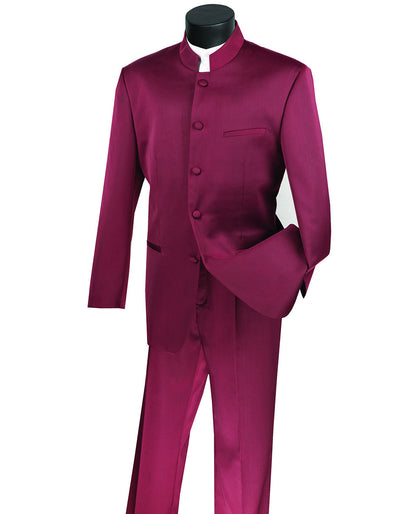 Mens 5 Button Mandarin Collar Tuxedo Suit in Burgundy 1 V0-1670  - from alligatorwarehouse.com