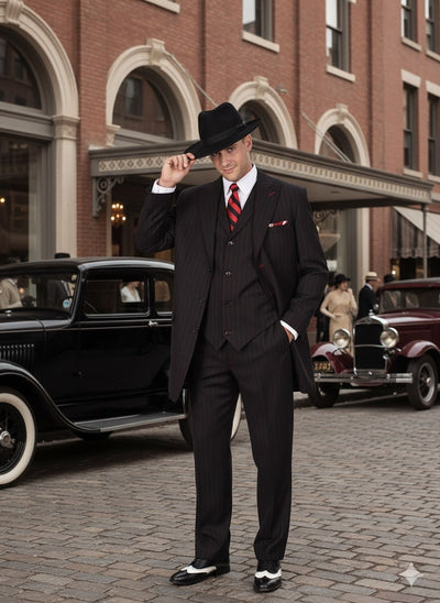 Mens Black and Red Pinstripe Zoot Suit – 1920s Gangster Vintage 3-Piece Suit for Formal, Prom, and Themed Events 4   - from alligatorwarehouse.com