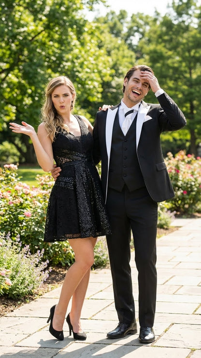 Men’s Black and White Lapel Prom Tuxedo Suit + Black Vest + Black Pants Peak Lapel