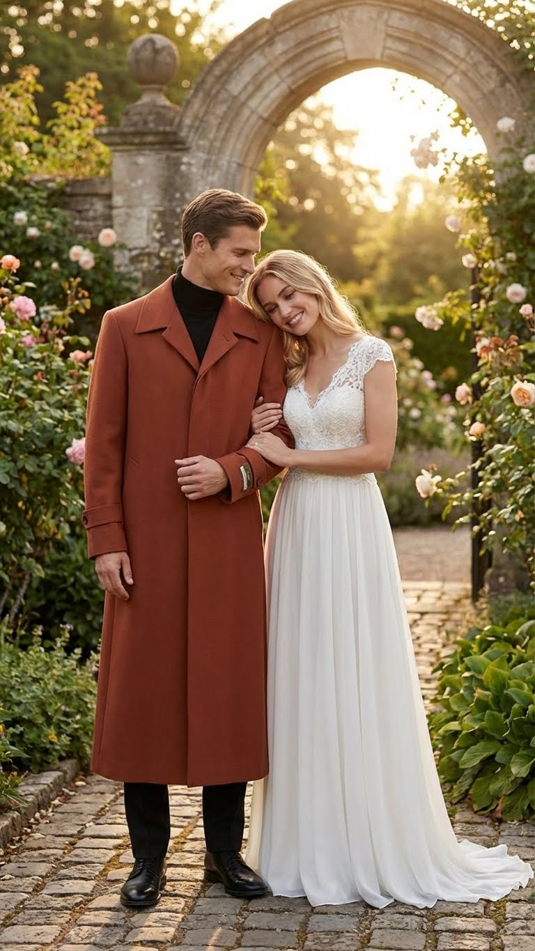 Men’s Full-Length Cognac Overcoat – Premium Wool-Blend Long Dress Coat for Winter and Formal Wear in Rust Brick Color