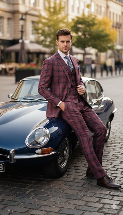 Mens Red Burgundy Plaid 3-Piece Suit – Classic Checkered Modern Fit Suit for Weddings, Church and Formal Events 5   - from alligatorwarehouse.com