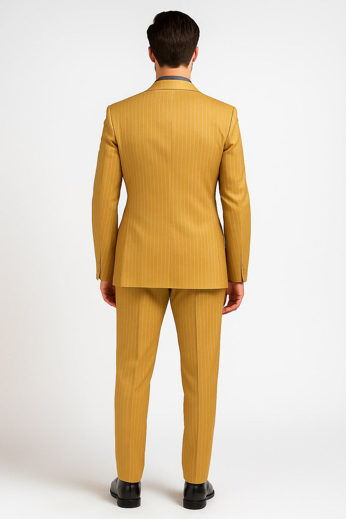 Mens Camel Tan Pinstripe Double-Breasted Suit – Bold 6-Button Modern Vintage Style