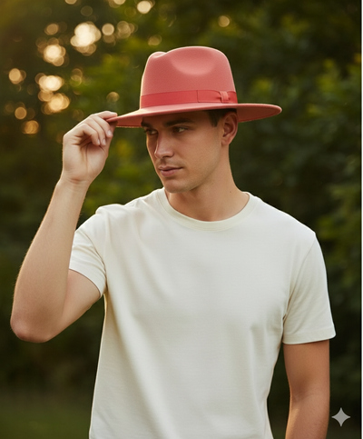 Men’s Coral Pink Wide Brim Fedora Hat – Wool Felt Dress Hat with Red Ribbon Band 5   - from alligatorwarehouse.com