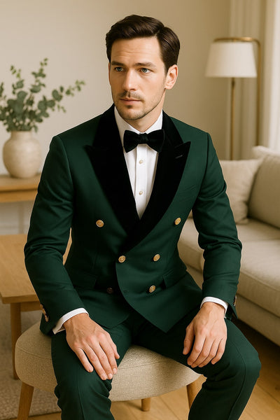 Men's Green Double-Breasted Wedding Tuxedo with Black Velvet Lapel and Gold Buttons 4   - from alligatorwarehouse.com