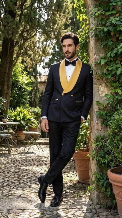 Men’s Black and Gold Jacquard Tuxedo Suit – Luxury Slim Fit Formal Wedding, Prom, and Gala Outfit 5   - from alligatorwarehouse.com