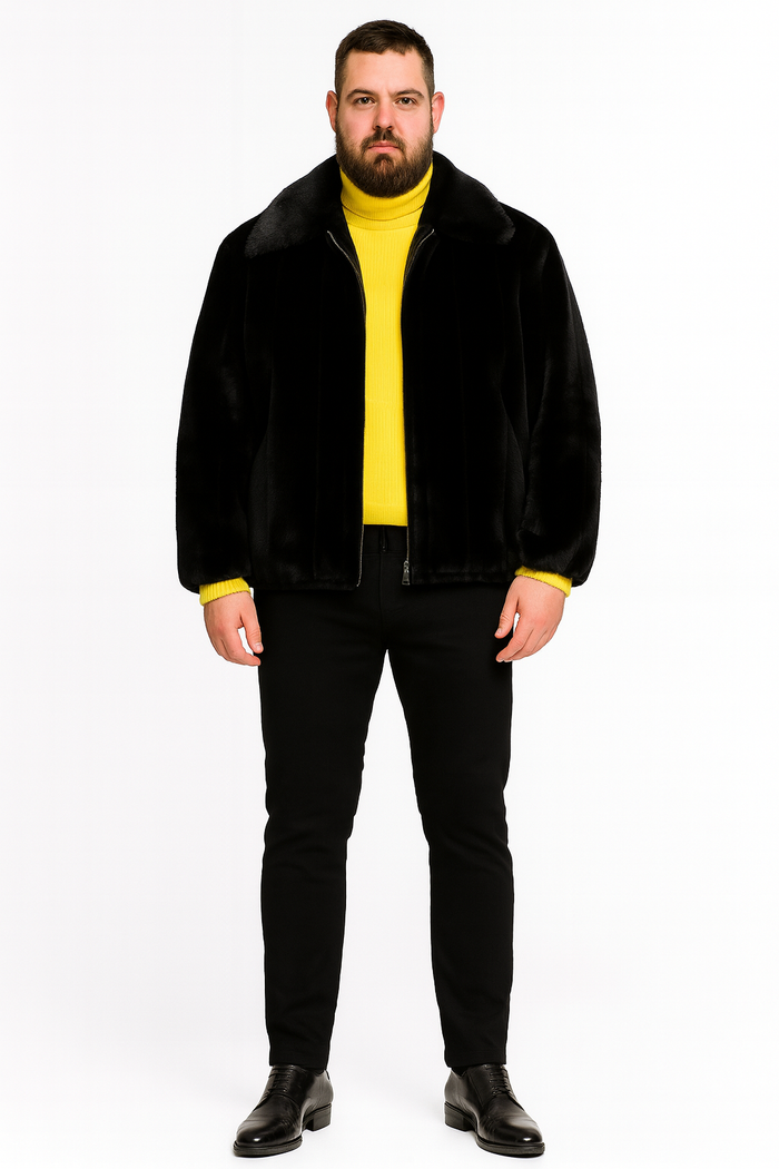 Men’s Black Faux Fur Jacket – Luxury Winter Zip-Up Coat with Soft Plush Finish