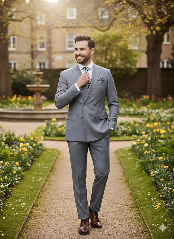 Mens Grey Tone on Tone Double-Breasted Suit – Classic Slim Fit 2 Piece Formal Business Gray Shadow Stripe