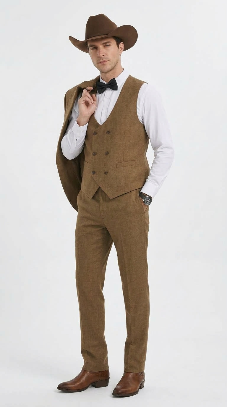 Men’s Light Brown Western 3-Piece Suit – Cowboy Wedding Suit with Vest British Khaki Bronze Color