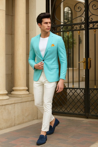 Men’s Aqua Blazer – Slim Fit One Button Suit Jacket with Stylish Floral Inner Lining - Light Turquoise 3   - from alligatorwarehouse.com