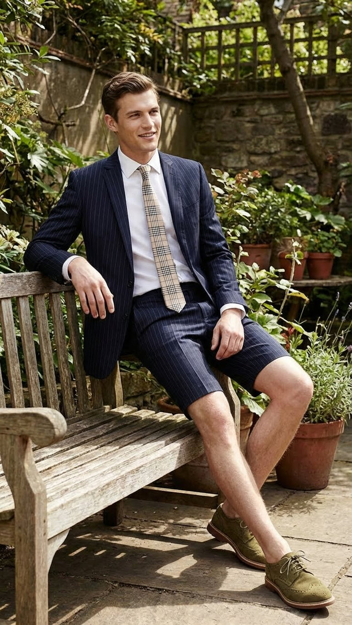 Men’s Dark Navy Blue Pinstripe or Black Pinstripe  Summer Business Suit with Shorts Pants Set – Sport Coat Style Formal and Casual Outfit