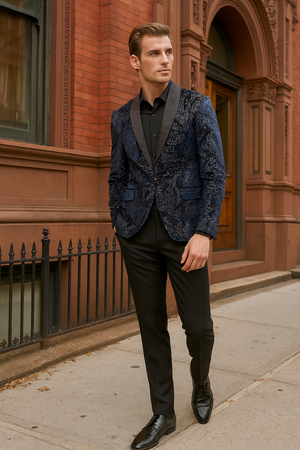 Men’s Navy Blue Sequin Tuxedo Jacket with Black Satin Shawl Lapel – Luxury Prom and Wedding Blazer