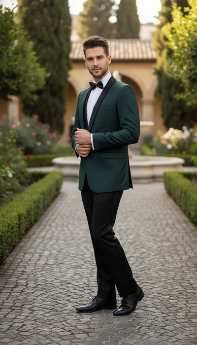 Men’s Green Tuxedo Suit – Slim Fit Jacket with Black Satin Shawl Lapel and Black Pants in Hunter Green 3   - from alligatorwarehouse.com