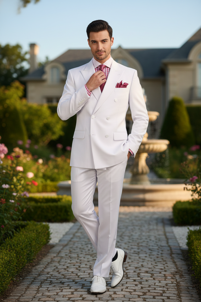 Men’s White Double-Breasted 3-Piece Suit Set – Premium Tailored Fit Formal Wedding and Evening Suit