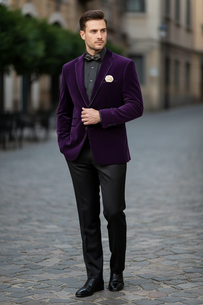 Men’s Purple Velvet Blazer – Luxury Slim Fit Formal Jacket with Black Satin Trim Tuxedo Dinner Jacket 4   - from alligatorwarehouse.com