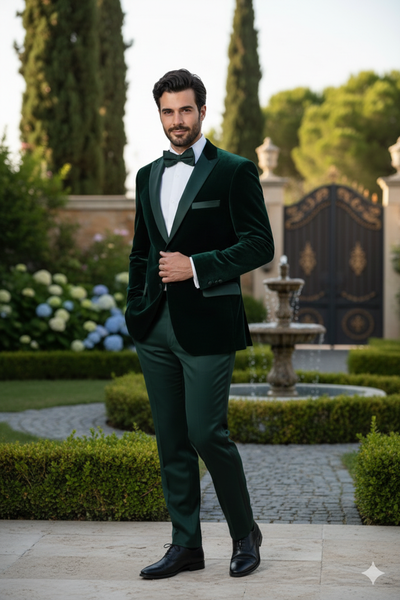 Men’s Dark Green Velvet Tuxedo Dinner Jacket – Slim Fit Formal Blazer with Satin Peak Lapel Lape 4   - from alligatorwarehouse.com