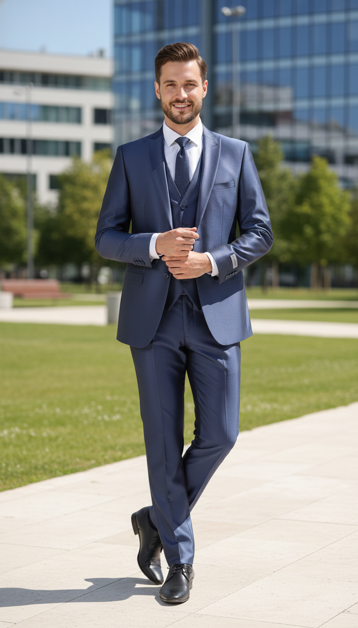 Men’s Navy Blue Shiny Finish 3-Piece Suit Set – Premium Tailored Fit Formal Wedding and Party Sateen Slim Fitted Suit