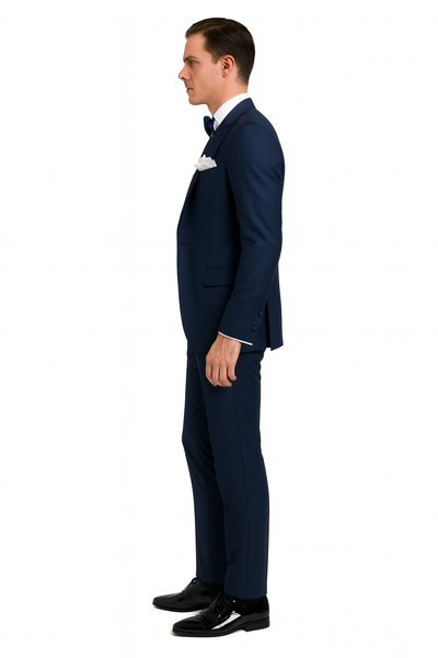 Men’s Navy Blue Tuxedo with Satin Peak Lapel with navy sateen  – 3 Piece Formal Suit with Vest and Bow Tie 1   - from alligatorwarehouse.com