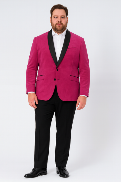 Men’s Fuchsia Tuxedo Blazer with Black Satin Lapel – Stylish Party and Wedding Jacket in Hot Pink Color with Black Pants 5   - from alligatorwarehouse.com