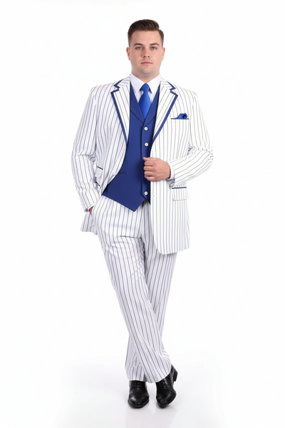 Men’s White and Royal Blue Pinstripe 3-Piece Suit – Classic Fit Blazer with Vest, Pants, and Tie 6   - from alligatorwarehouse.com