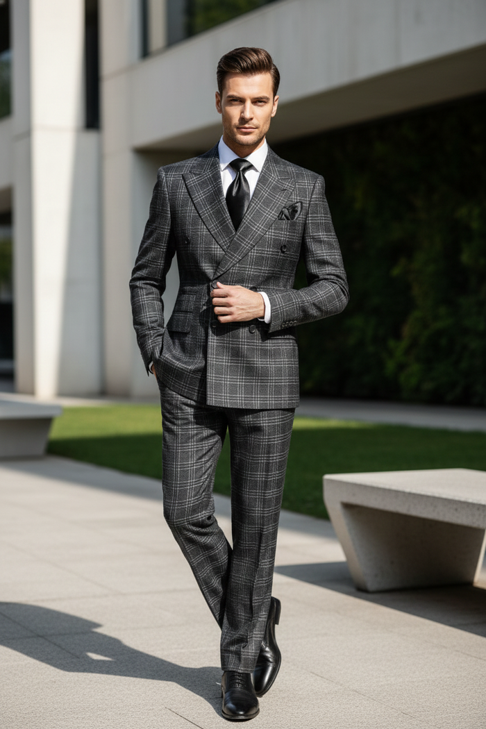 Men’s Charcoal Plaid Double-Breasted Suit –  Tailored Pants Windowpane Pattern By Rossiman