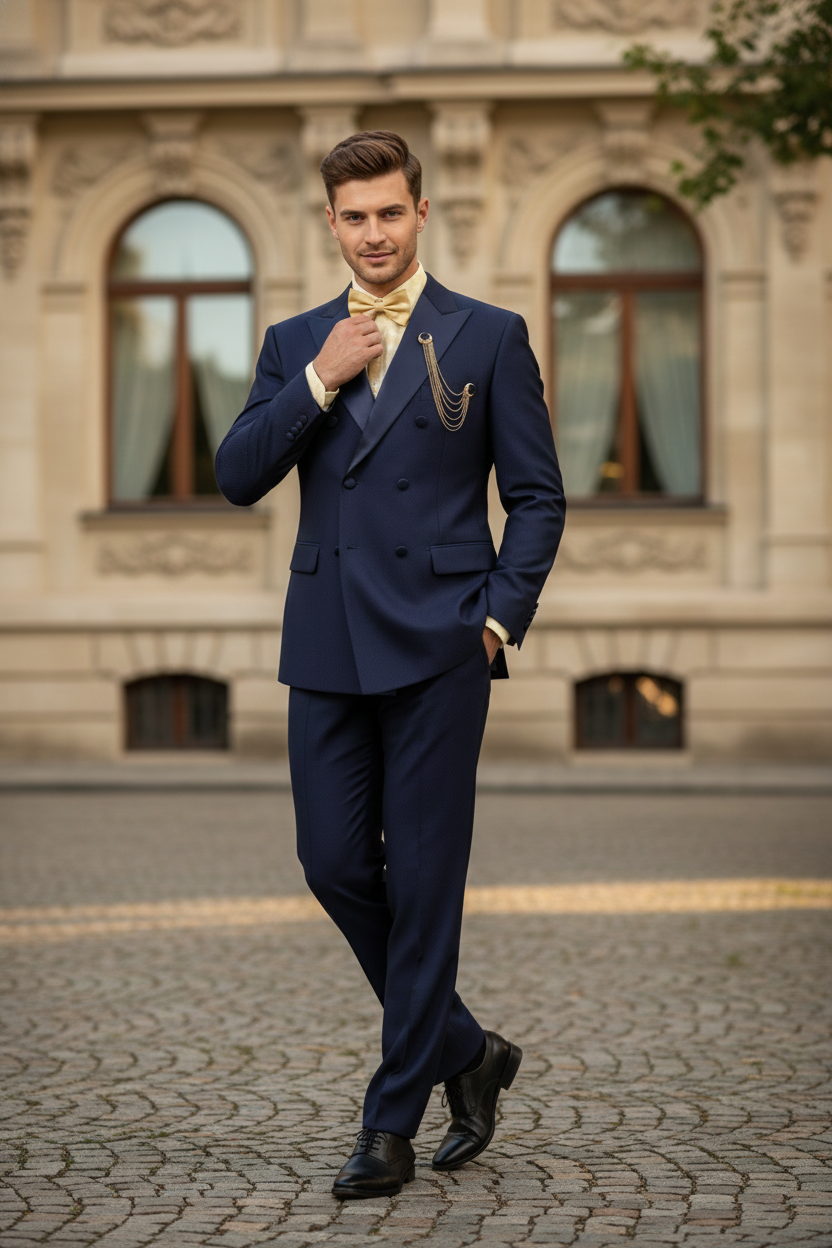 Men’s Navy Blue Double-Breasted Tuxedo with navy Satin Peak Lapel Wedding Suit
