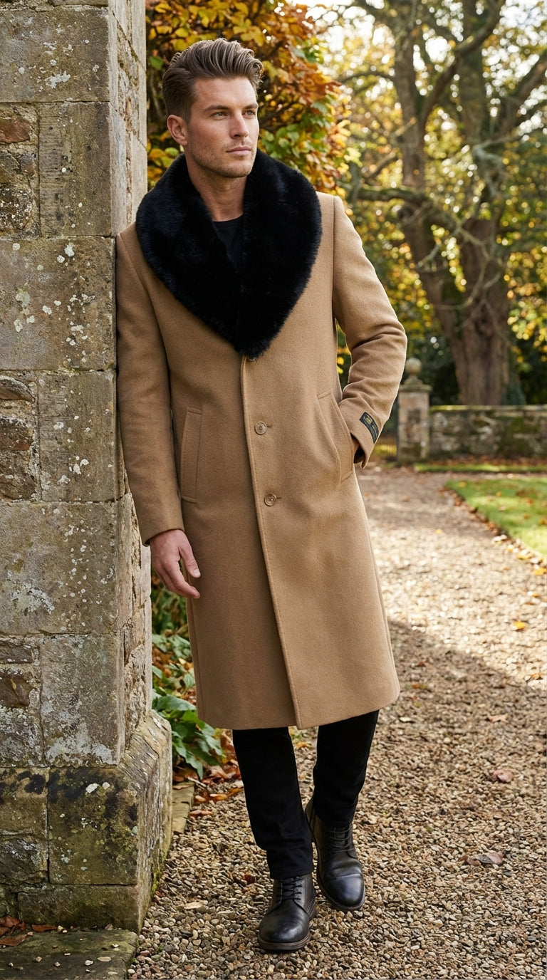Men’s Camel Tan Long Overcoat with Black Faux Fur Collar - Wool Topcoat Three if not Full length