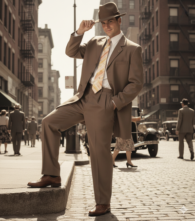 Men’s 1920s Tan Zoot Suit with Fedora Hat and Wingtip Shoes – Vintage Gangster 3-Piece Long Jacket Suit 6   - from alligatorwarehouse.com