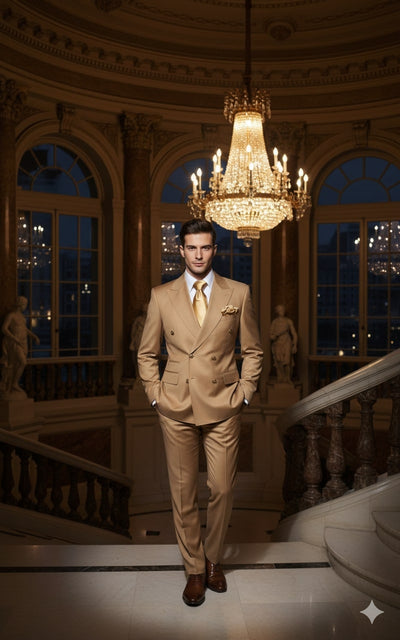 Mens Camel - Bronze - Goldish khaki Double-Breasted Suit – Luxury 2-Piece Formal Set with Gold Buttons and Peak Lapels by Rossi Man 5   - from alligatorwarehouse.com