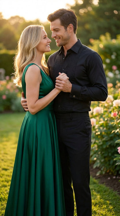 Men’s Black Pleated Tuxedo Dress Shirt | Formal Laydown Collar Button-Up Shirt for Weddings & Black Tie By Tiglio