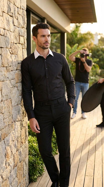 Men’s Black Dress Shirt with White Contrast Collar | French Cuff Cotton Poplin Formal Button-Up Shirt