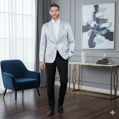 Big and Tall Men’s Silver Gray Paisley Tuxedo Jacket – Satin Shawl Lapel Blazer for Weddings, Proms, and Formal Events 1   - from alligatorwarehouse.com