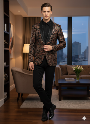 Men’s Black Shiny Designer Blazer with Red and Gold Pattern – Luxury Party & Wedding Jacket