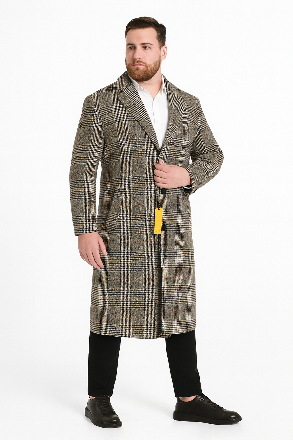 Men’s Full length  Long Plaid Overcoat – Classic Checkered Wool Blend Winter Coat in Gray Color Checkered