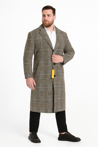Men’s Full length  Long Plaid Overcoat – Classic Checkered Wool Blend Winter Coat in Gray Color Checkered