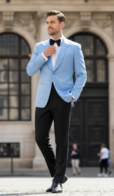 Men’s Light Blue Paisley Tuxedo Jacket – Elegant Satin Shawl Lapel Dinner Blazer for Weddings, Proms in Sky Powder Blue Color Bowtie 2   - from alligatorwarehouse.com