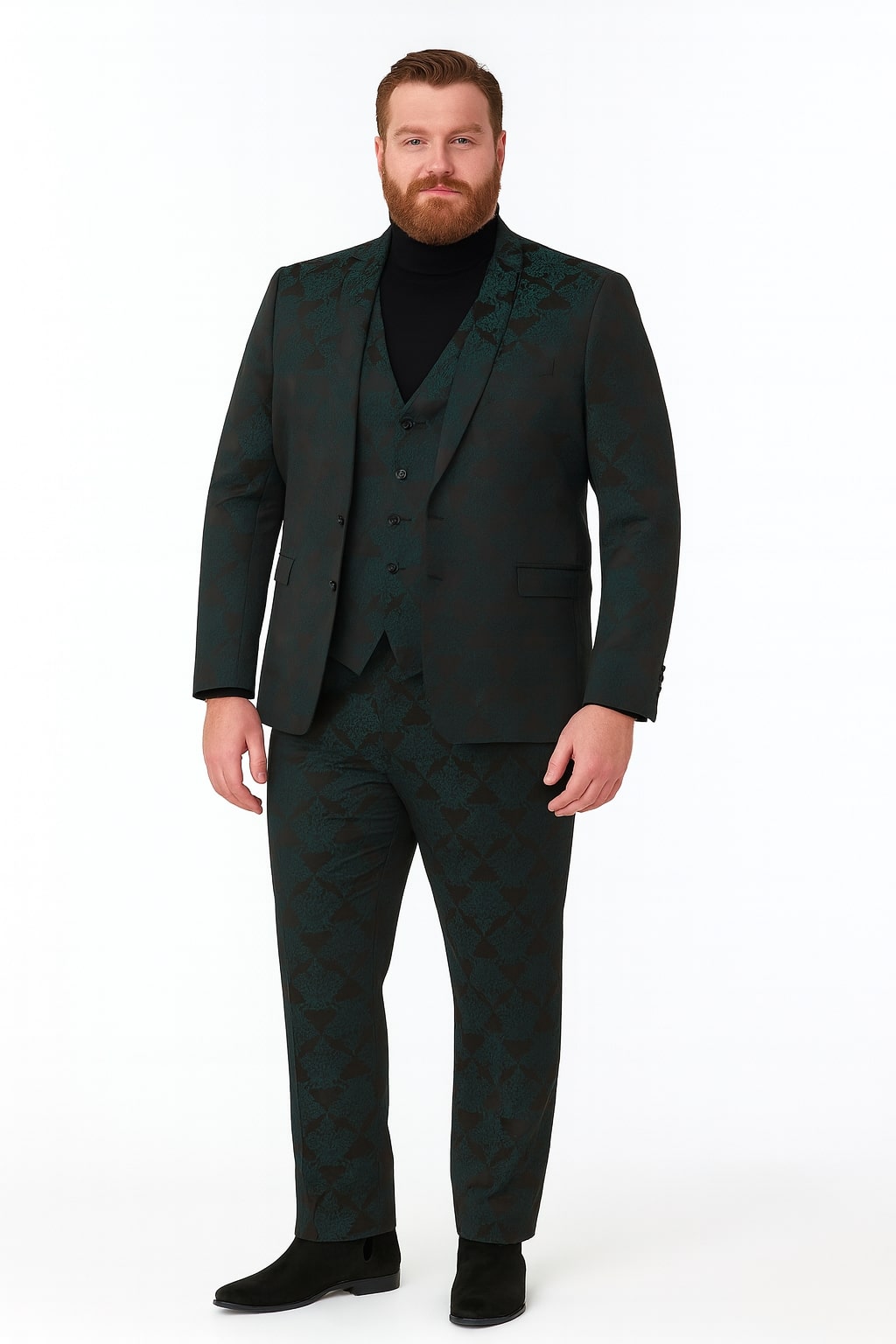 Men’s Emerald Green Floral Jacquard 3-Piece Tuxedo Suits – Slim Fit Formal Set with Blazer, Vest, and Pants Paisley Fabric - Ultra slim fitted