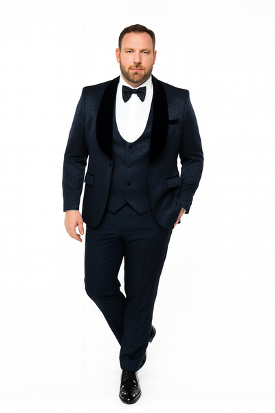 Men’s Navy Blue Jacquard Tuxedo with Black Velvet Shawl Lapel – 3 Piece Formal Suit with Bow Tie 5   - from alligatorwarehouse.com