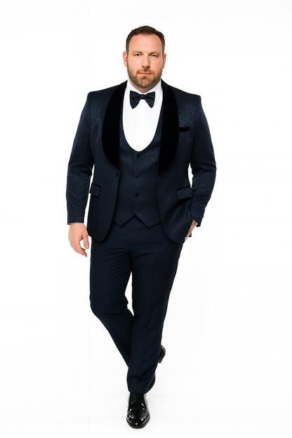 Men’s Navy Blue Jacquard Tuxedo with Black Velvet Shawl Lapel – 3 Piece Formal Suit with Bow Tie