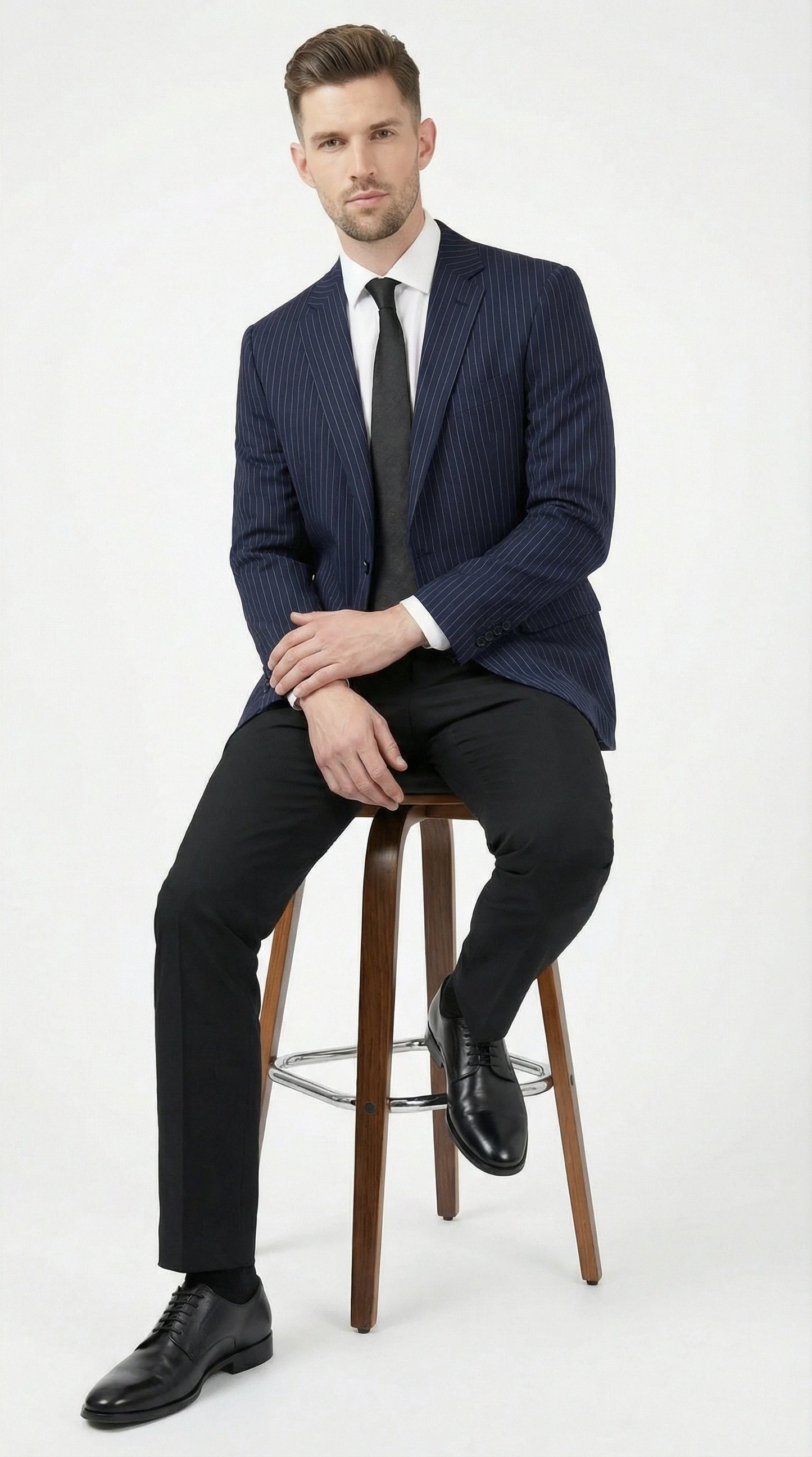 Men’s Navy Blue Pinstripe Blazer – Classic Tailored Formal Jacket for Business, Office and Professional Wear