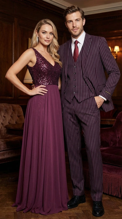 Men’s Plum Eggplant Pinstripe 3 Piece Suit – Burgundy Purple Formal Suit  Gangster 1920s Mafia Pimp Suit
