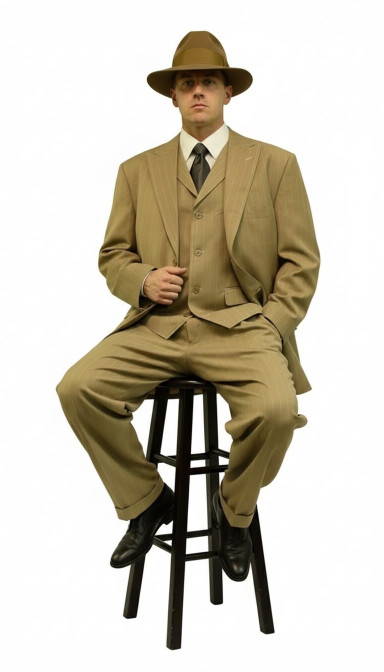 Mens Tan Pinstripe Three Button Suit – 1920s Gangster Vintage 3-Piece Suit with Wide-Leg Pants and Fedora Style in Beige Color