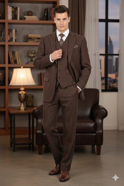 Men’s Brown Pinstripe 3-Piece Suits – Classic Business and Formal Wear with Vest 5   - from alligatorwarehouse.com