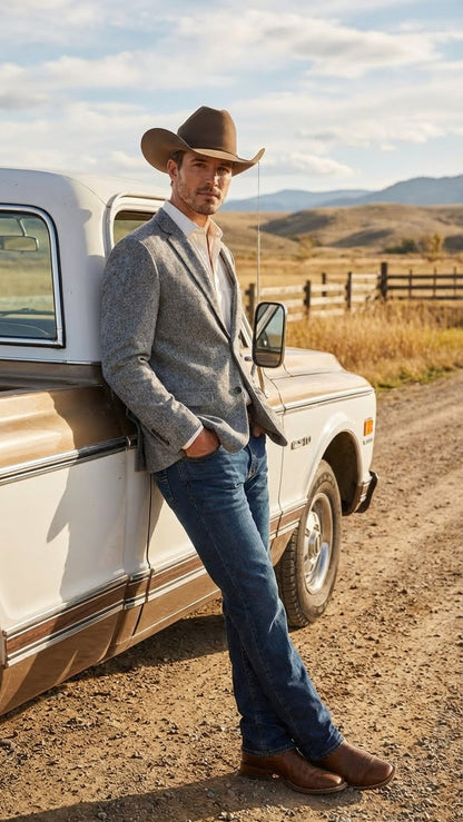 Men's Grey Tweed Herringbone Western Blazer Jacket  Style Look, Textured Formal Casual Sport Coat for Jeans