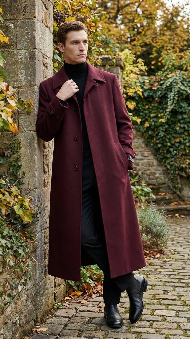 Men’s Full-Length Burgundy Overcoat – Microfiber 4 season fabric  Long Formal Coat with Classic Tailored Maxi Duster Coat