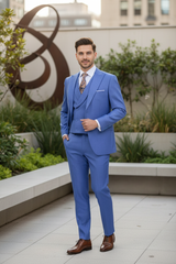 Men’s Light Blue Double-Breasted 3-Piece Suit Set – Tailored Fit Formal Business Suit in Steel Blue Sky Blue Color