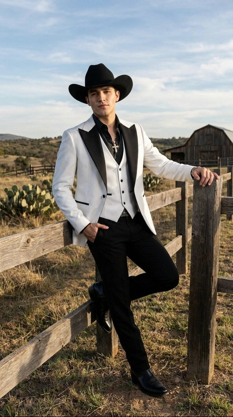 Men’s White Cowboy Tuxedo with Black Satin Lapel – Western Formal Suit with Matching Vest